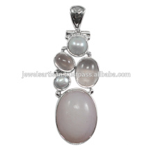 Rosa Opal E Rose Quartz Com Pérola Gemstone 925 Sterling Silver Pendant